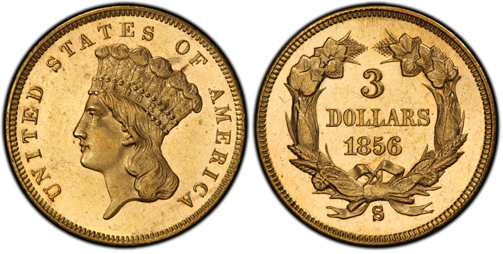 1856-S Three-Dollar Gold Piece. MS-64 (PCGS).